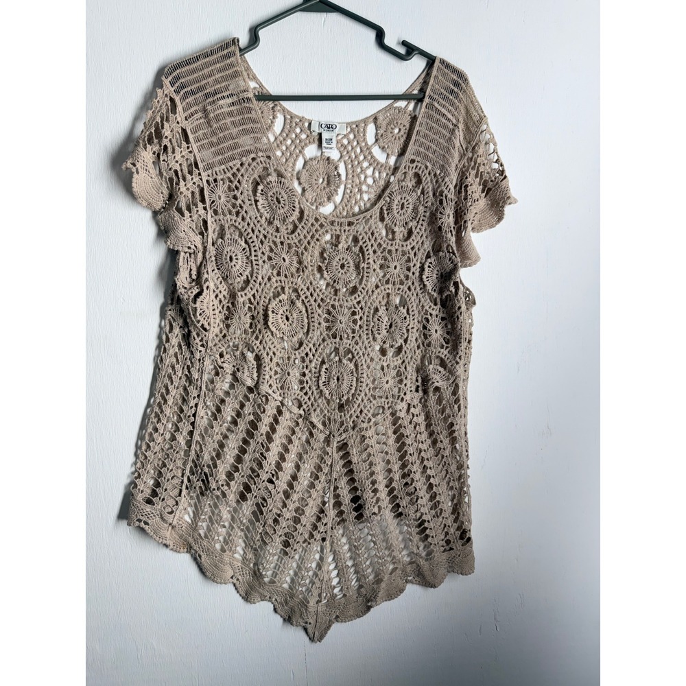 Cato Woman Tan Crochet Knit Top Boho Floral Handkerchief Hem Blouse Plus 18/20W